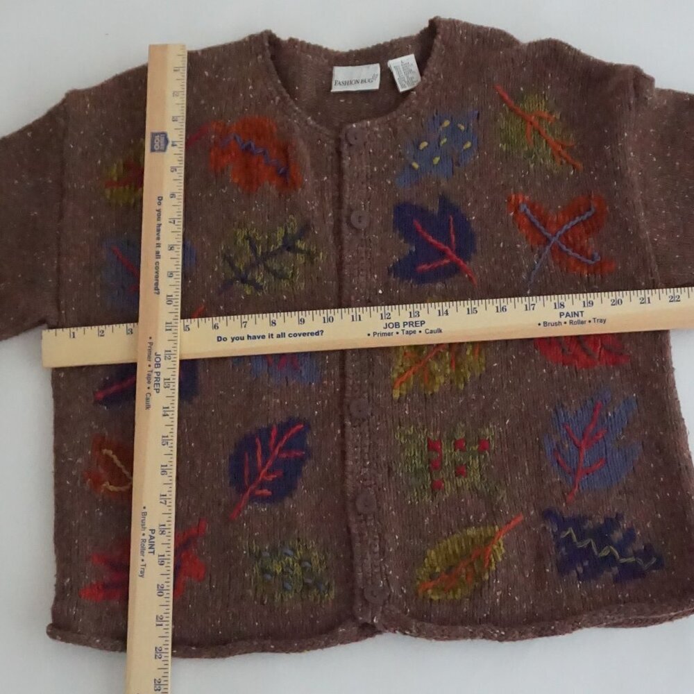 Vintage Fashion Bug Brown Autumn Fall Leaf Embroidered Button Knit Cardigan L - Picture 3 of 9